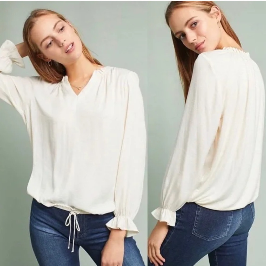 Anthropologie Dolan Left Coast French Quarter Drawstring Ruffle Blouse L
